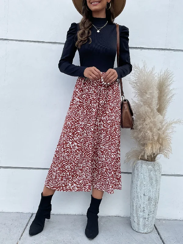 Midi Dresses for Relaxed Winter Fashion-Printed Mock Neck Puff Sleeve Midi Dress