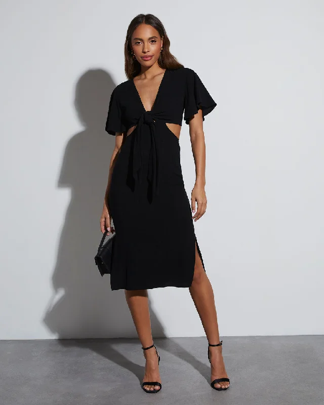 Midi Dresses with Colorblocking Designs-Jenner Linen Blend Tie Front Cutout Midi Dress