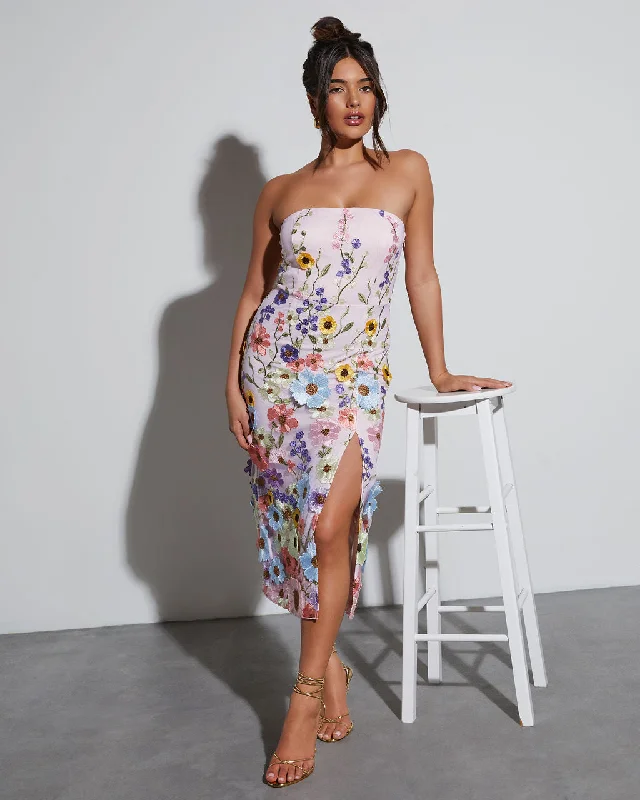 Midi Dresses with Halter Necklines for a Modern Look-Cassie Strapless Floral Embroidered Midi Dress