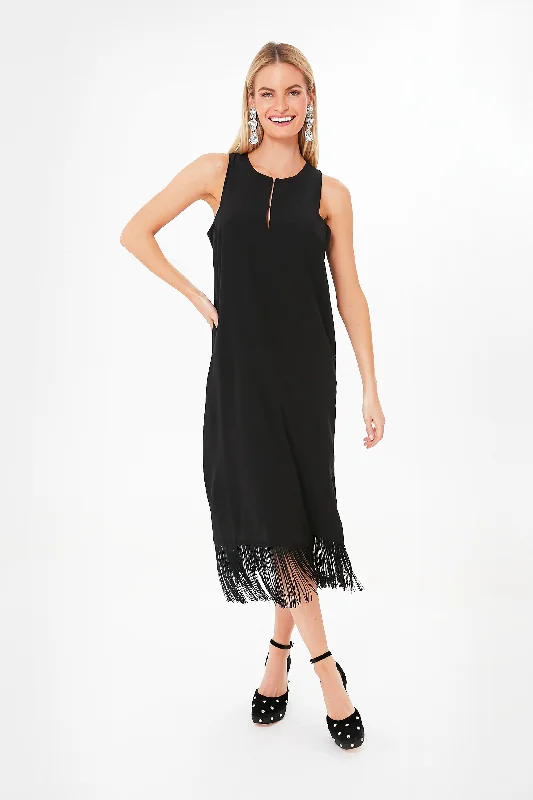 Midi Dresses for Easygoing Weekends-Black Cut Out Fringe Midi Dress