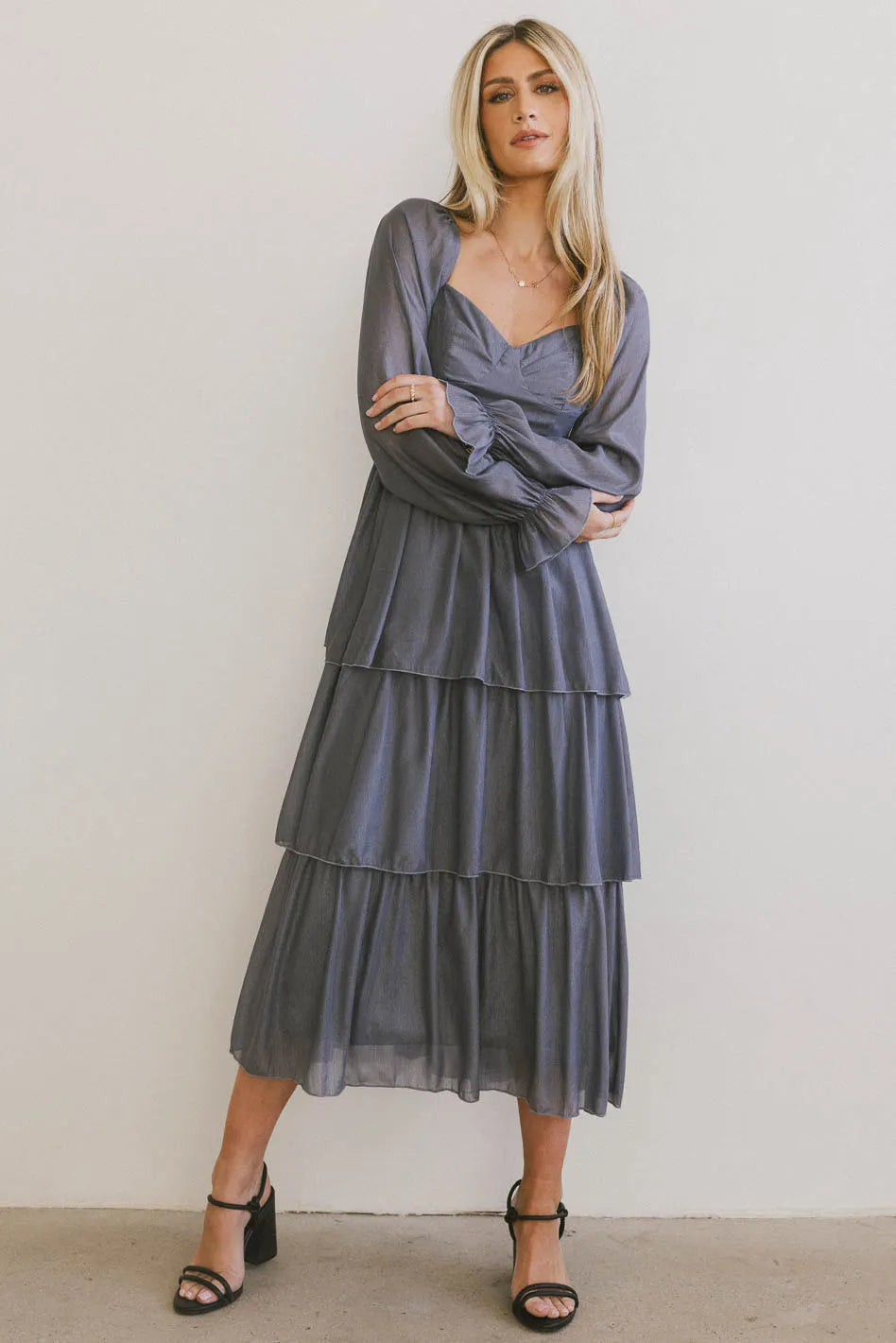 Midi Dresses for Casual Day Events in Spring-Manning Shimmery Midi Dress in Slate