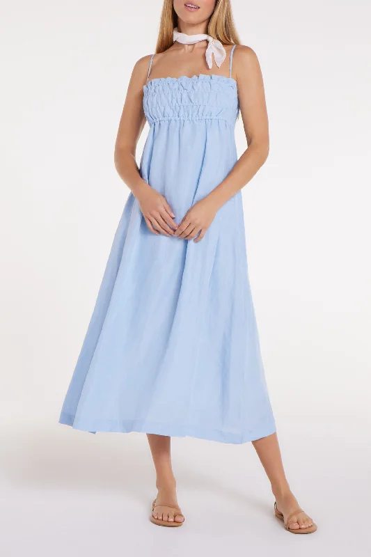 Midi Dresses for Comfortable Day Outfits in Winter-Margot Smocked Spaghetti Strap Midi Dress in Chambray Blue