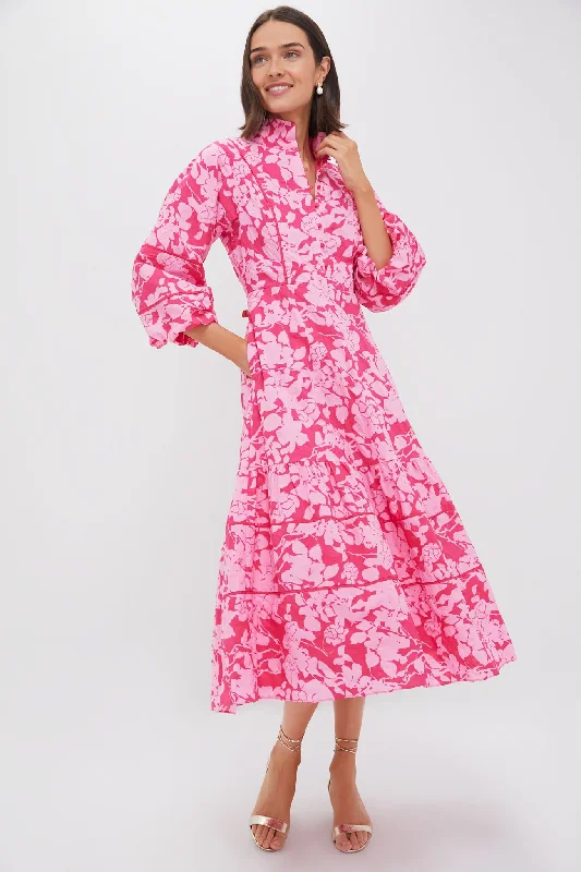 Midi Dresses for Bridal Parties-Pink Textured Floral Hillsborough Midi Dress