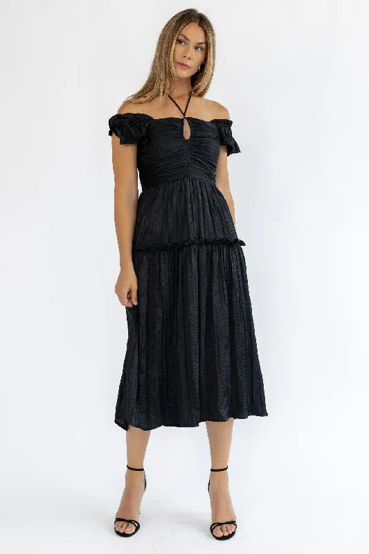 Midi Dresses for Spring Weddings-Ruche Me Right Black Midi Dress - Final Sale