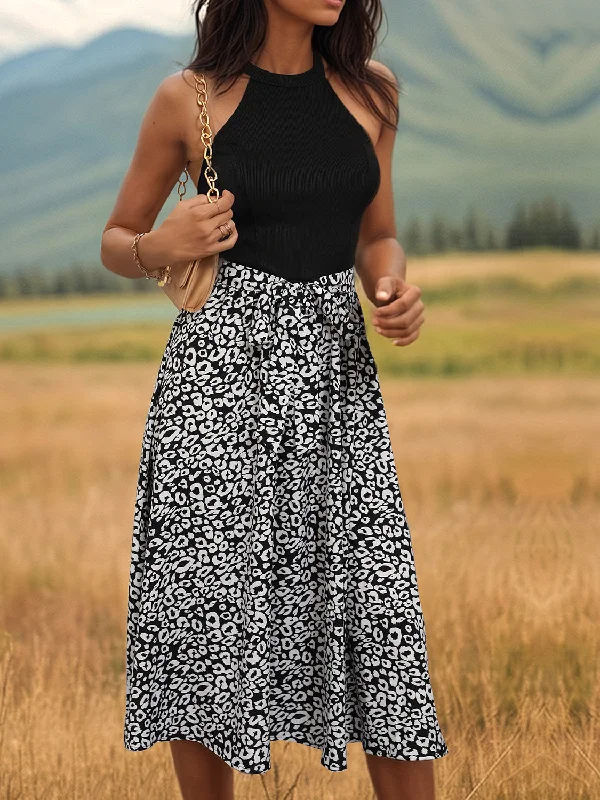 Midi Dresses with Chic Cutouts for Special Events-Leopard Halter Neck Midi Dress