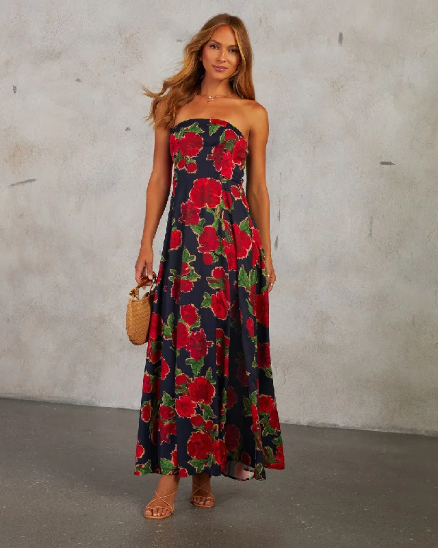 Midi Dresses for Bridal Parties-Getaway Garden Strapless Floral Print Midi Dress