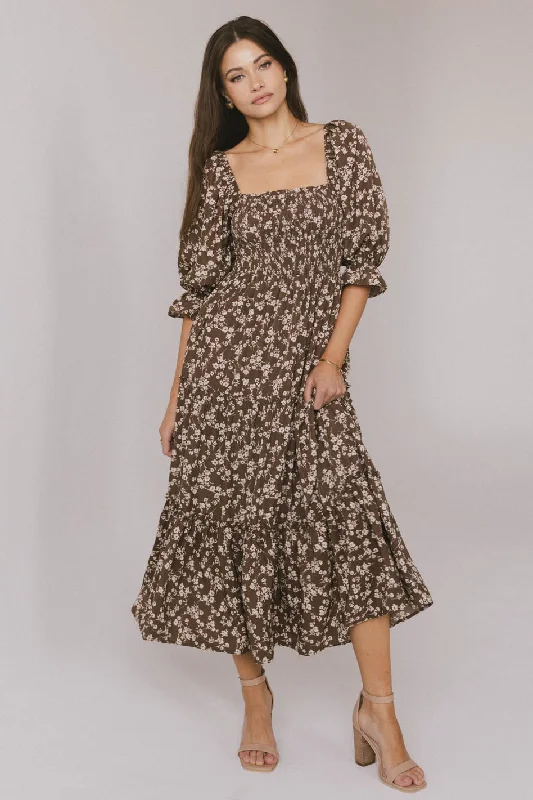 Midi Dresses for Fashionable Summer Occasions-Kiran Floral Midi Dress in Brown