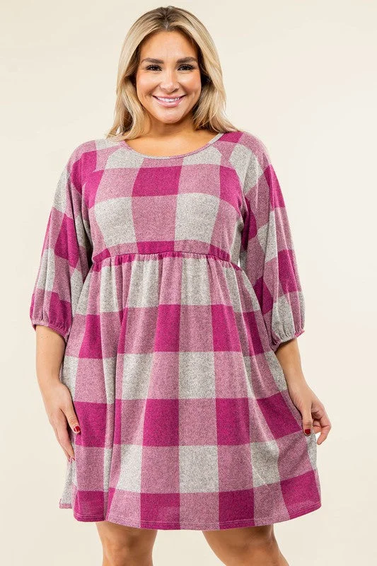 Midi Dresses for Trendy Fall Gatherings-Checker Balloon Sleeve Midi Dress