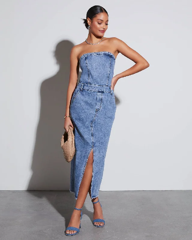 Midi Dresses for Office Wear in Fall-Kimmy Strapless Denim Midi Dress