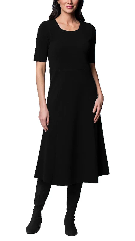 Midi Dresses with Draped Details for Formal Wear-Nora Milano Knit Short Sleeved Fit-And-Flare Midi Dress; Black