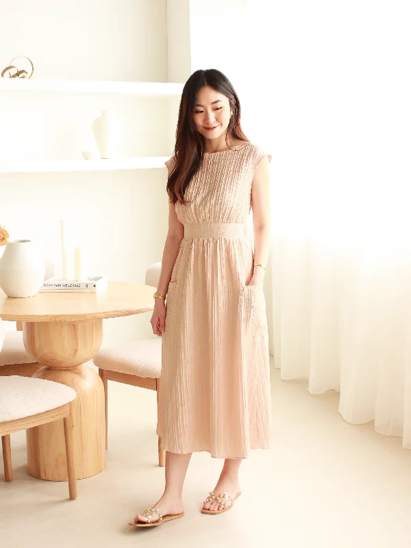 Midi Dresses for Casual Day Outfits in Fall-Grecian Pleated Midi in Blush