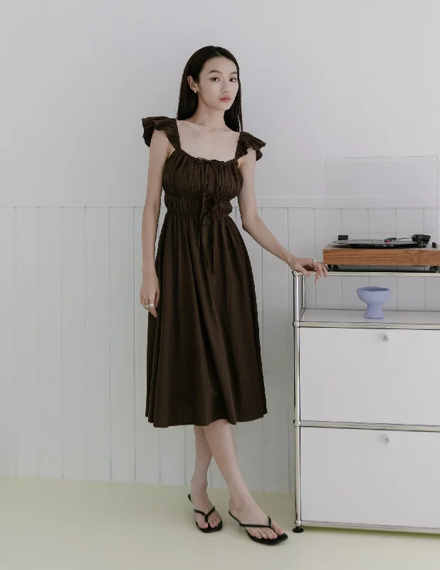 Midi Dresses with Floral Prints for Weddings-Sylvie Tie Front Linen Midi Dress in Coffee