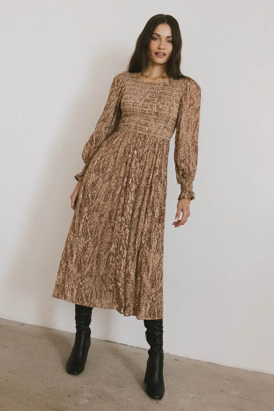 Midi Dresses for Trendy Spring Day Outfits-Justice Abstract Midi Dress in Brown