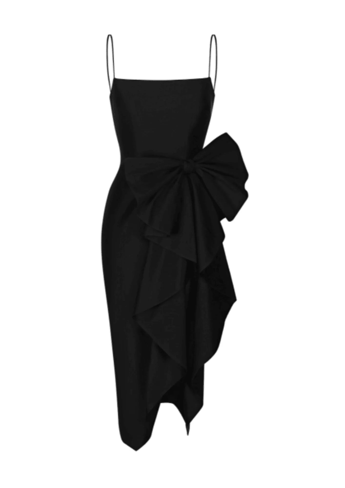 Midi Dresses for Office Wear in Summer-BLACK DRAPED BOW MIDI DRESS