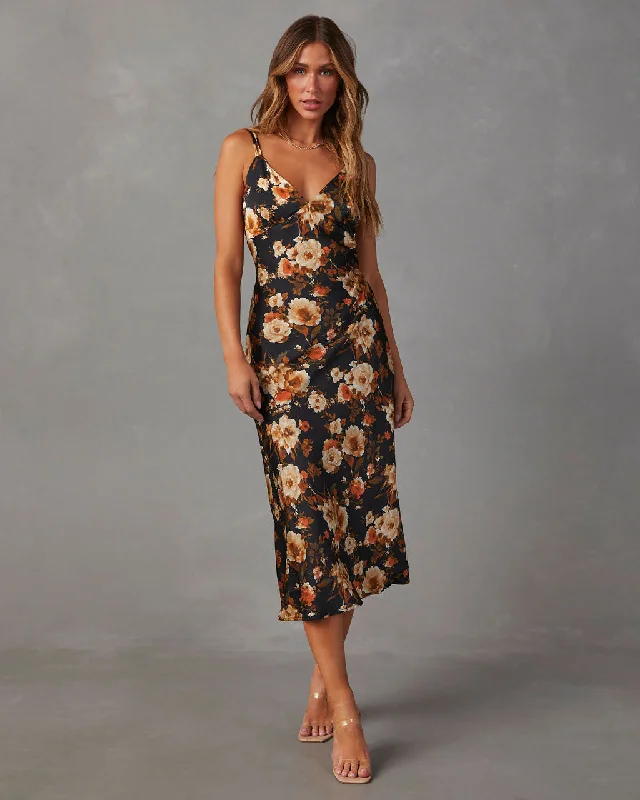 Midi Dresses with Detailed Waistbands for Shape-Sweet Sunflower Satin Floral Midi Dress