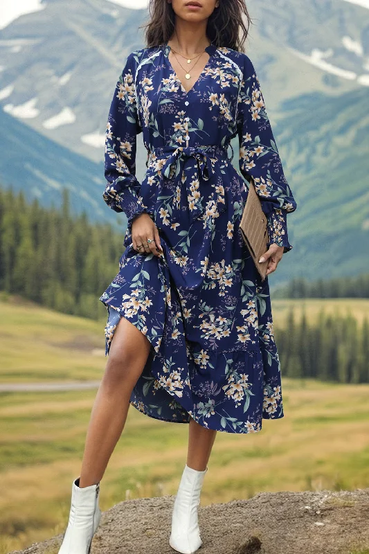 Midi Dresses for Spring Celebrations-Printed Notched Lantern Sleeve Midi Dress