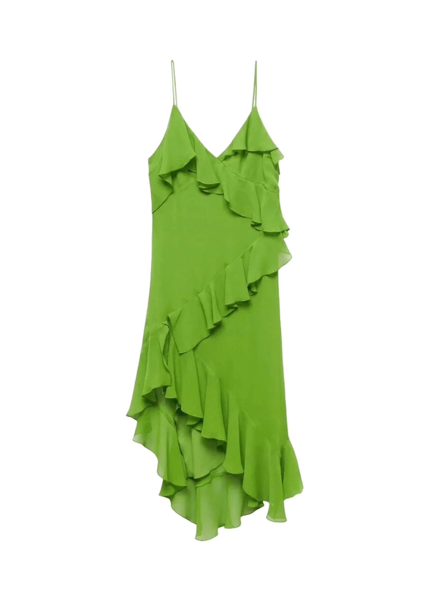 Midi Dresses for Trendy Casual Day Wear-GREEN ASYMMETRIC RUFFLED MIDI DRESS