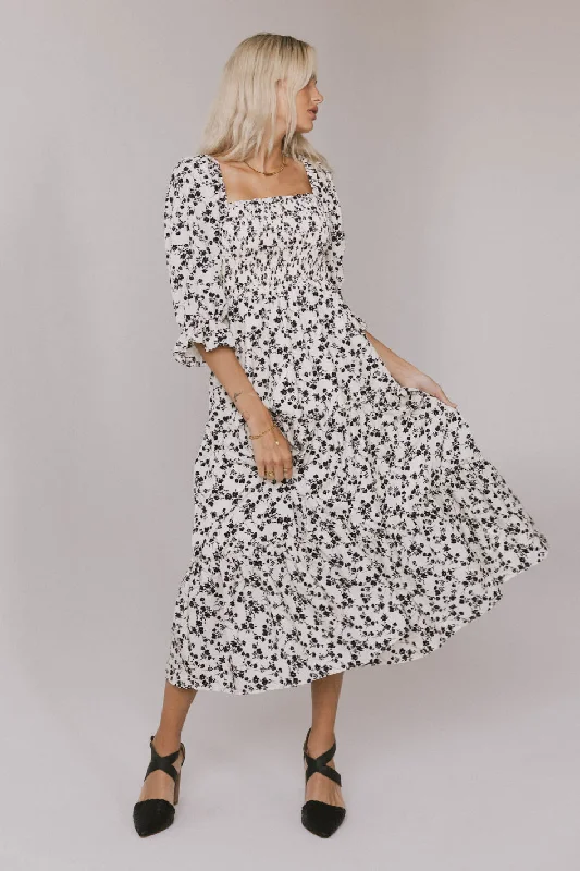 Midi Dresses for Elegant Winter Gatherings-Kiran Floral Midi Dress in Cream