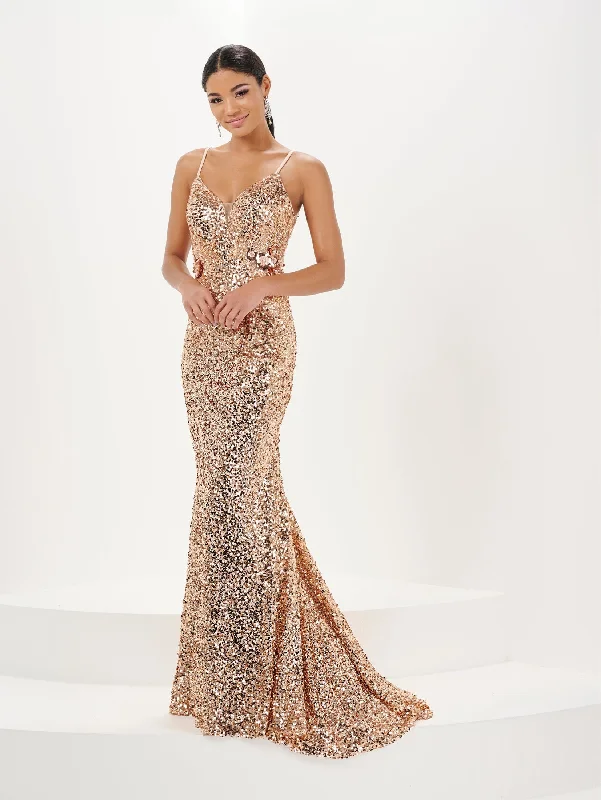 Evening Dress with Sheer Overlay-3D Floral Fitted Sequin V-Neck Gown by Tiffany Designs 16059