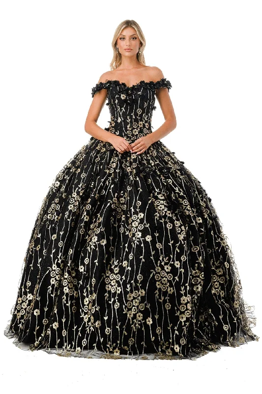 Evening Dress with Tulle and Satin Bodice-3D Floral Off Shoulder Glitter Ball Gown by Coya L2766A