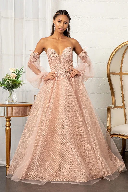 Evening Dress with Satin Waistline-3D Floral Puff Sleeve Gown by Elizabeth K GL3015