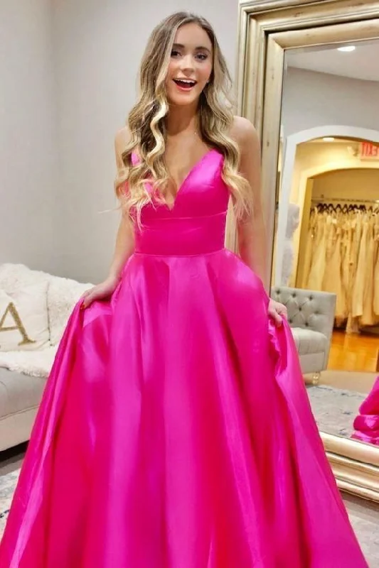 Evening Dress with Beaded Bodice and Skirt-A-Line Hot Pink Prom Dress V Neck Evening Dress C2309