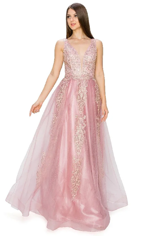 Evening Dress with Satin Skirt and Crystal-Applique Illusion V-Neck Gown by Cinderella Couture 8029J