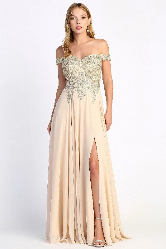 Evening Dress with Soft Lace and Satin-Applique Long Off Shoulder Slit Dress by Adora 3040 - Outlet