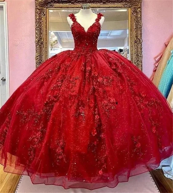 Evening Dress with Floor-Length Hemline-Ball gown prom dresses, 2022 evening dresses, hand made flowers prom dresses, puffy evening dresses, custom make prom dresses, 3D flowers evening dresses, new arrival party dresses, puffy prom dresses C2063