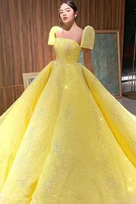 Evening Dress with Crystal and Silk Skirt-Ball Gown Sparkly Yellow Short Sleeves Prom Dresses Evening Dress  C2152