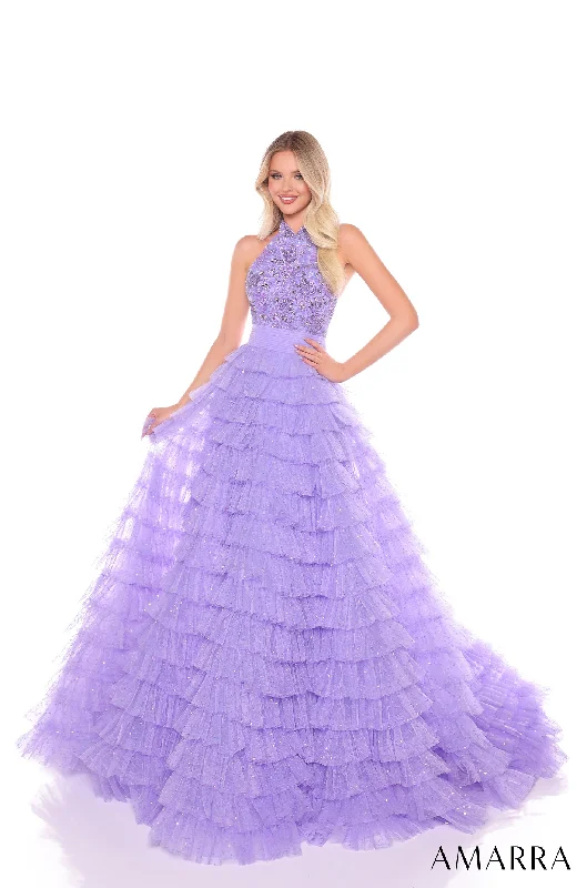 Evening Dress with Beaded Bodice and Sheer-Beaded Halter A-line Ruffled Gown by Amarra 88102