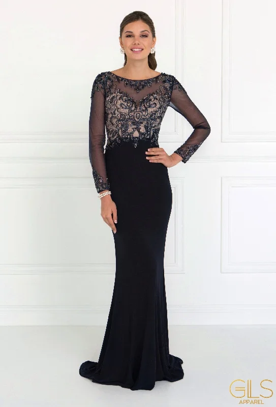 Evening Dress with Mesh and Satin Trim-Beaded Illusion Long Sleeve Navy Gown by Elizabeth K GL1506