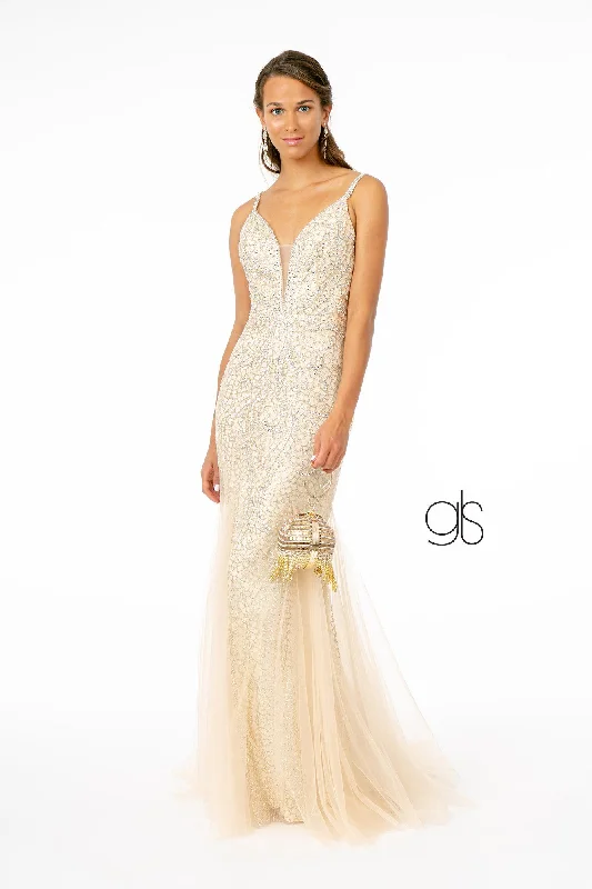 Evening Dress with Ruched Tulle Bodice-Beaded Long Deep V-Neck Mermaid Dress by Elizabeth K GL1842