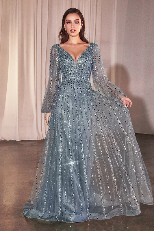 Evening Dress for Elegant Celebration-Beaded Long Sleeve A-line Gown by Ladivine CD0240