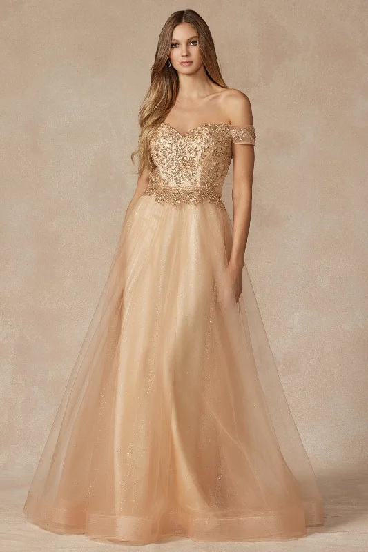 Evening Dress with Satin and Crystal Accents-Beaded Off Shoulder A-line Gown by Juliet 287