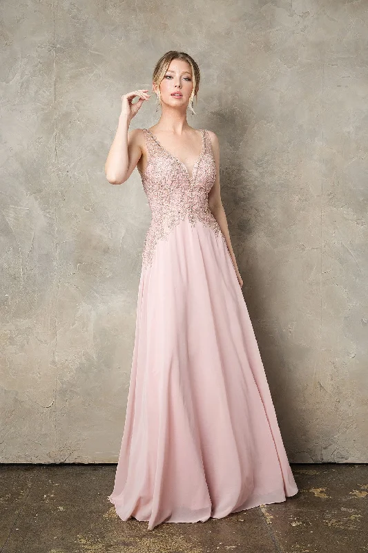 Evening Dress with Silk Overlay and Lace-Beaded Sleeveless A-line Chiffon Gown by Juno 0926