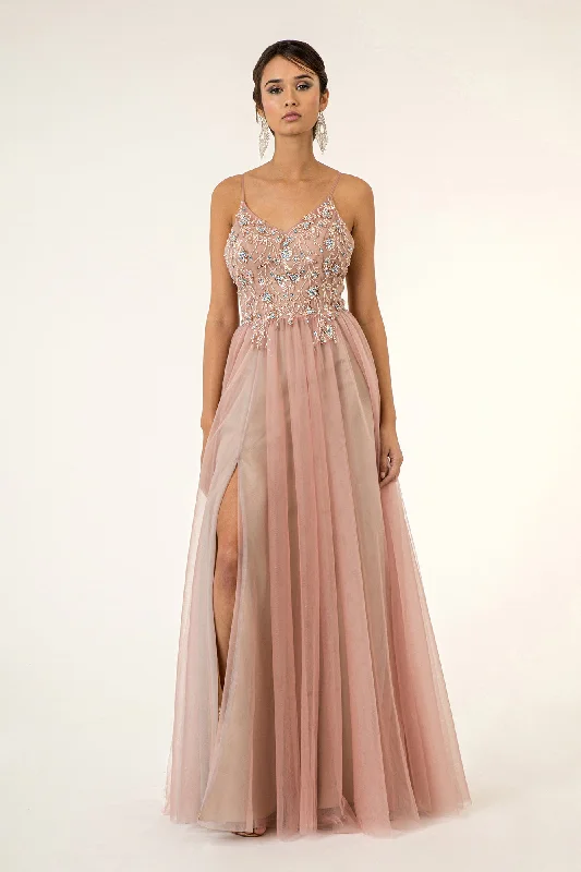 Evening Dress with Fitted Silk Bodice-Beaded Sleeveless Slit Gown by Elizabeth K GL2983