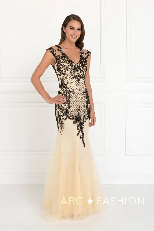 Evening Dress with Satin and Crystal Skirt-Beaded Tulle Champagne/Black Mermaid Gown by Elizabeth K GL2169