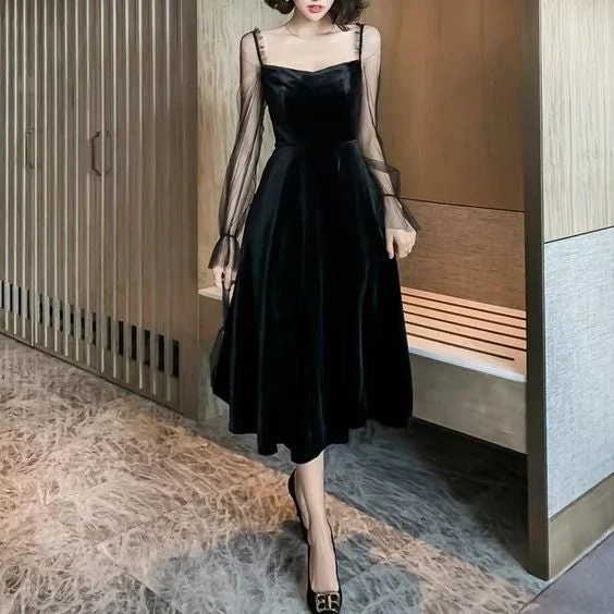 Evening Dress for Fashion Week-Black formal dress vintage velvet evening dress long sleeve party dress slimming prom dress simple party dress C2227