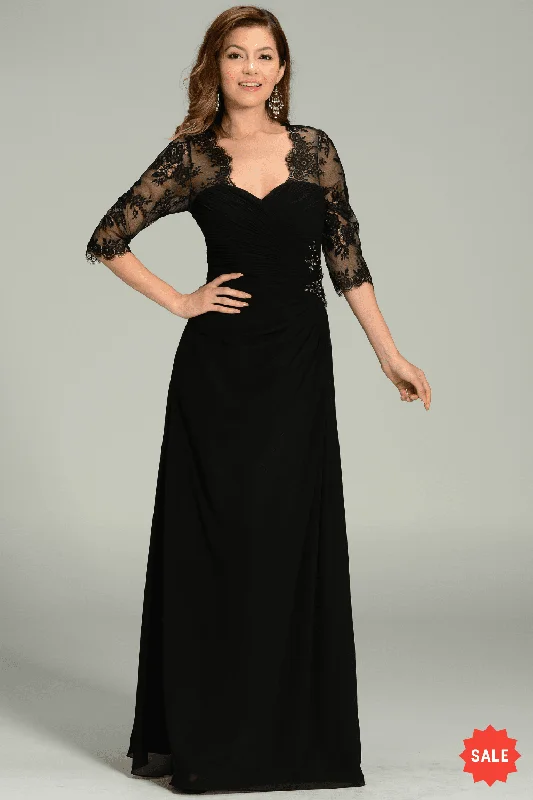 Evening Dress for Black-Tie Formal Event-Long Chiffon Dress with Lace Sleeves by Poly USA 7210