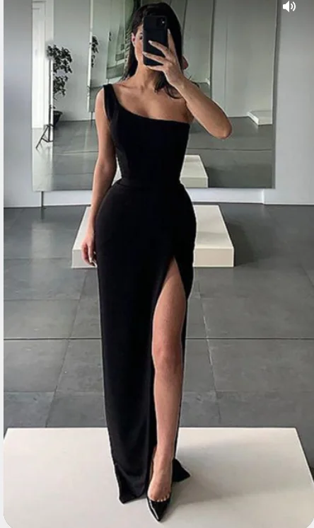 Evening Dress with Ribbon Waist Detail-Black One Shoulder Prom Dress with High Leg Slit C2447