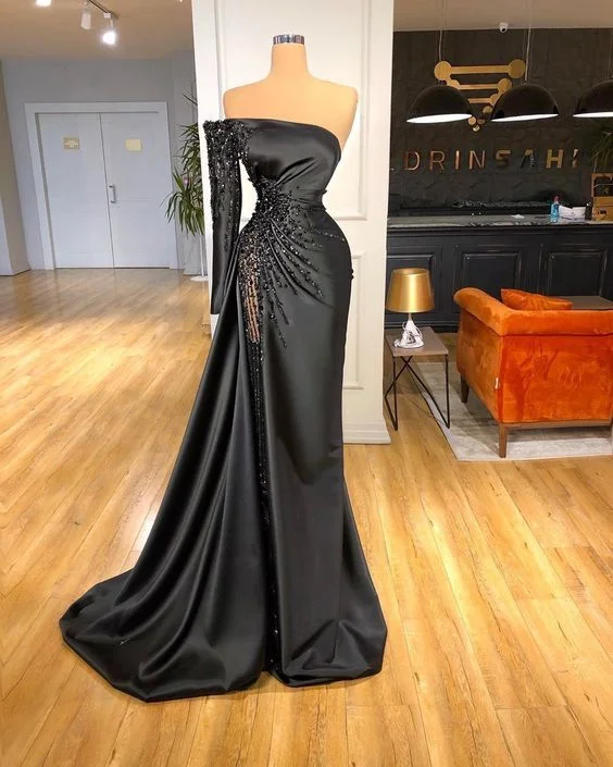 Evening Dress with Silk and Crystal Bodice-Black Split Side Mermaid Satin Evening Party Prom Dress C2142