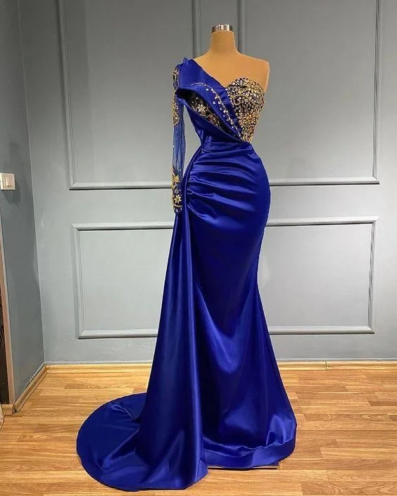 Evening Dress with Beaded Bodice and Satin-Blue long mermaid evening gowns long prom dress C1991