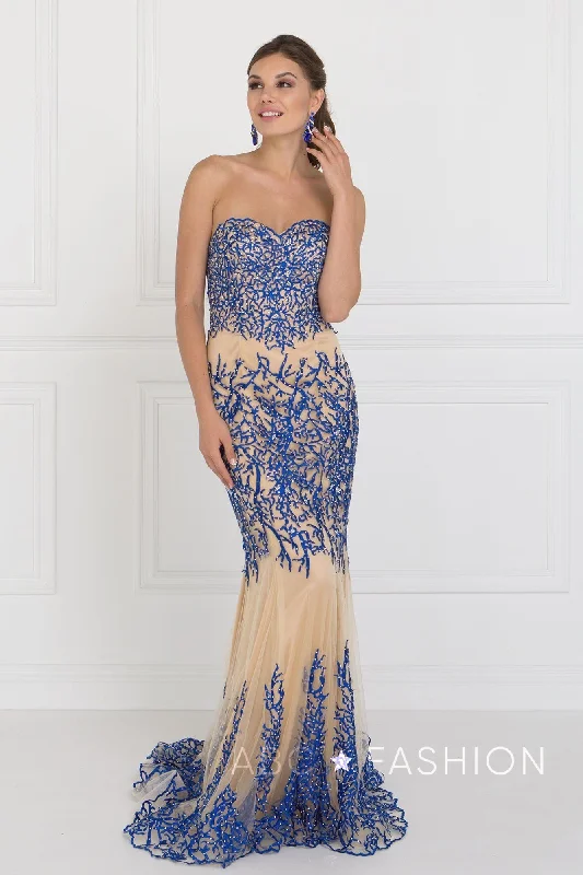 Evening Dress with Structured Satin and Lace-Strapless Beaded Mermaid Gown by Elizabeth K GL2055