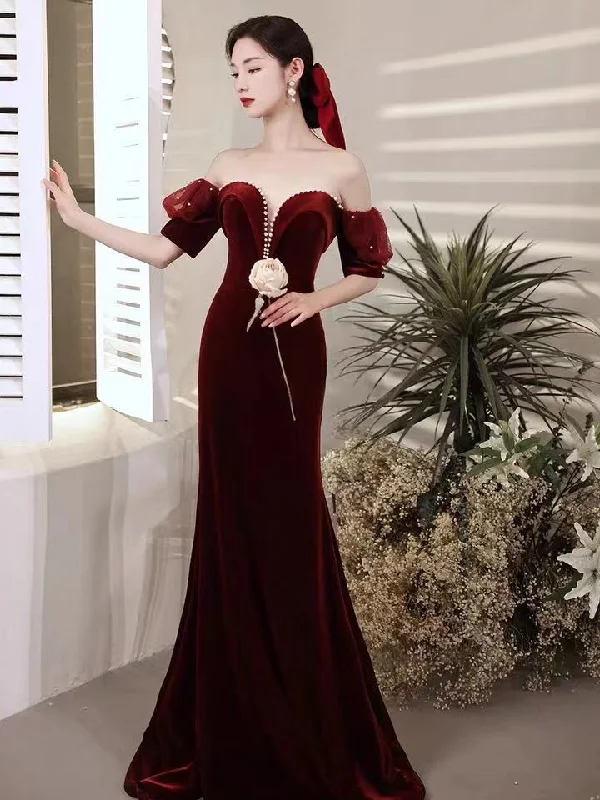 Evening Dress with Ribbon Detail-Burgundy party dress,off shoulder evening dress,velvet mermaid long prom dress,backless sexy formal dress,custom made  C2094