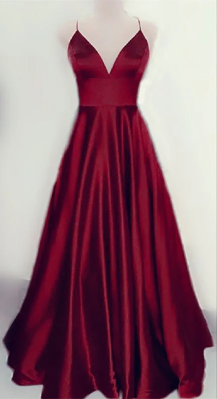 Evening Dress with Beaded Waistline-Burgundy spaghetti strapssimple prom dress C2086