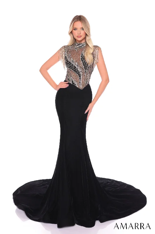 Evening Dress with Satin Finish-Cap Sleeve Fringe Mermaid Dress by Amarra 88104