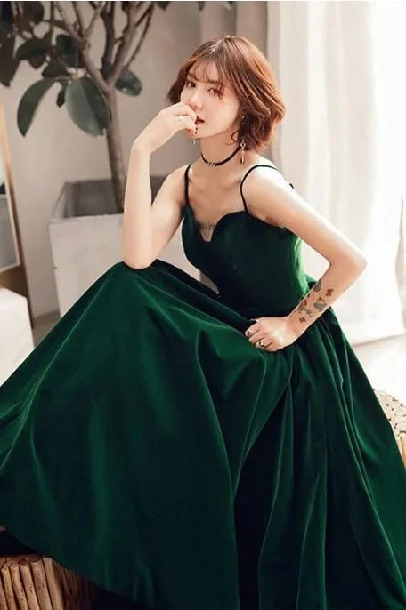 Evening Dress with Detailed Silk Bodice-Charming Spaghetti Straps Sweetheart Sleeveless A Line Prom Dress Green Velvet Prom Dress C2228