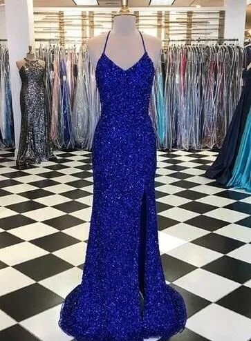 Evening Dress for Red Carpet Event-Chic Royal Blue Spaghetti Straps Backless Long Sheath Prom Dresses C2222