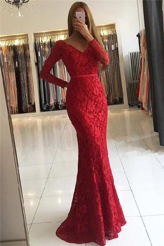 Evening Dress for Glamorous Evening-Chic Vneck Open Back Scarlet Lace Evening Dresses Elegant Long Sleeves Prom Dress C1949